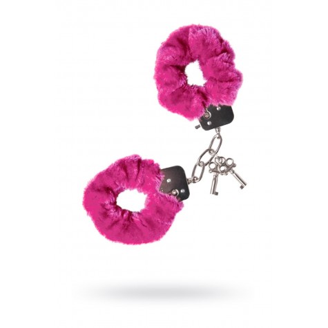 Розовые меховые наручники с металлическим крепежом
